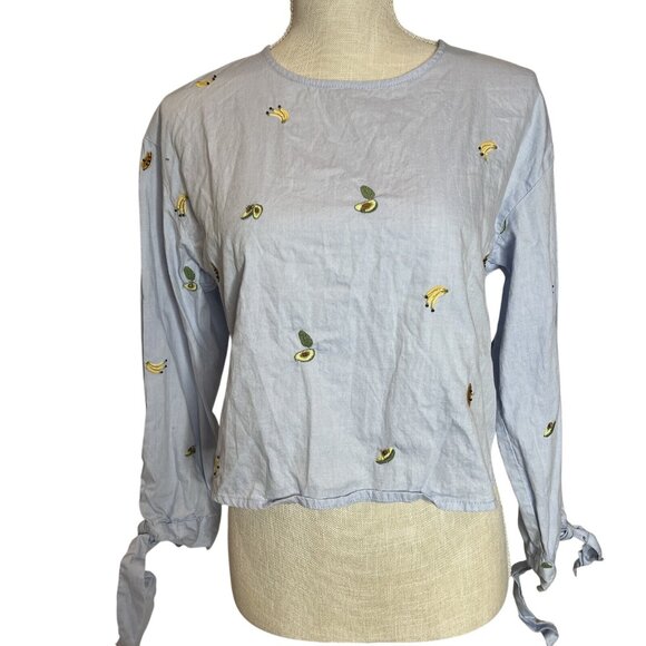 Light Blue Long Sleeve Crop Top Banana/Avocado Embroidery  Open Back  Womens S - Picture 1 of 14
